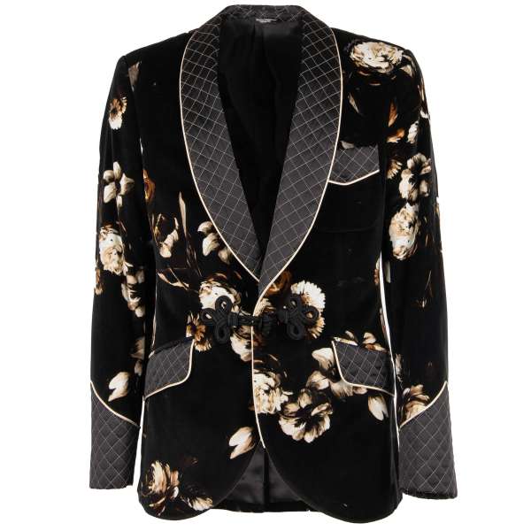 Baroque Style floral printed velvet tuxedo / blazer with quilted shawl lapel, cuffs, and pockets and rope fastening by DOLCE & GABBANA