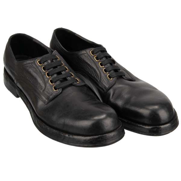 Stable Derby Shoes PERUGINO made of horse leather with laces in black by DOLCE & GABBANA
