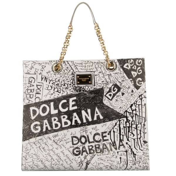 Extra große Handtasche / Schultertasche / Shopper Tasche JUNGLE aus Leder mit handbemaltem Graffiti, doppeltem Ketten-Griff und Logo Schild von DOLCE & GABBANA