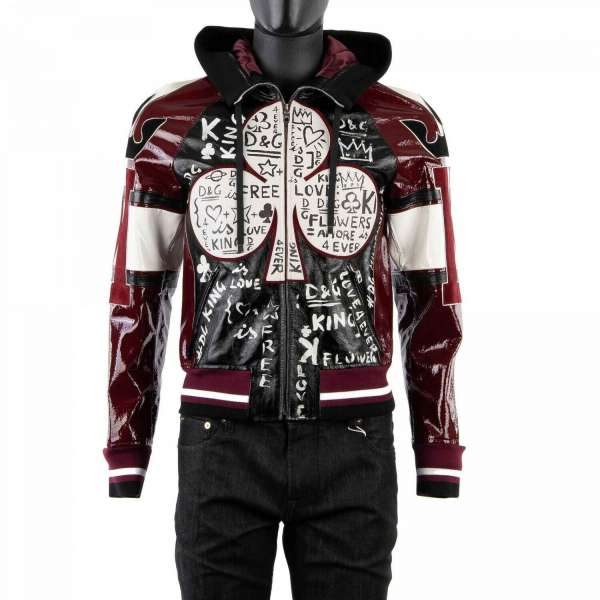 Leather, patent leather and suede jacket with Clubs, DG KING and D&G IS LOVE Paintings, Applications, leather Hoody and front pockets by DOLCE & GABBANA