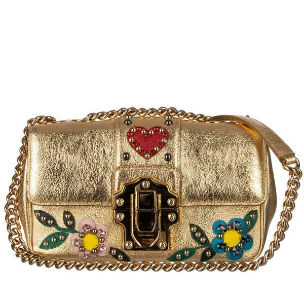 Shiny leather shoulder bag LUCIA with crystals, embroidered floral and heart applications, studs and gold chain strap by DOLCE & GABBANA