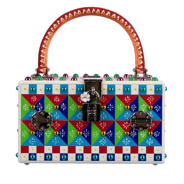 UNIKAT: Evening Bag / Handbag DOLCE BOX made of wood with hand painted Carretto Siciliano design, multicolor studs and two leather straps by DOLCE & GABBANA Black Label