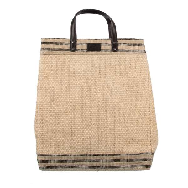 Vegetable Fiber Canvas and Leather shopper bag / tote with leather logo plate by DOLCE & GABBANA