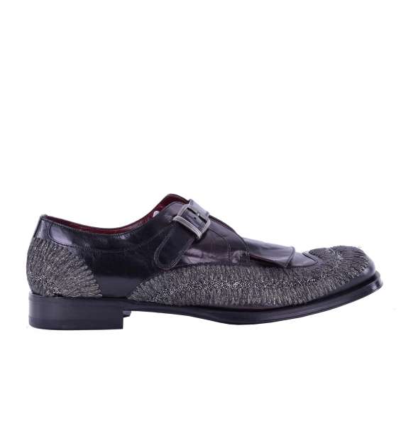 Embroidered leather derby shoes / slipper with buckle SASSARI by DOLCE & GABBANA Black Label