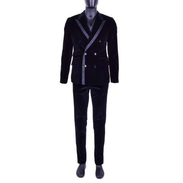 3-Teiliger doppelreihiger Anzug aus Samt mit Kontrast-Linien am Revers und an der Weste von DOLCE & GABBANA