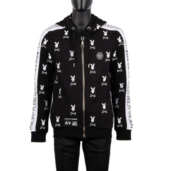 Hoodie Jacke mit All-Over Logo Stickerei, besticktem PLAYBOY Schriftzug auf der Rückseite und mit Playboy Plein Logo Schriftzug an Ärmeln von PHILIPP PLEIN x PLAYBOY