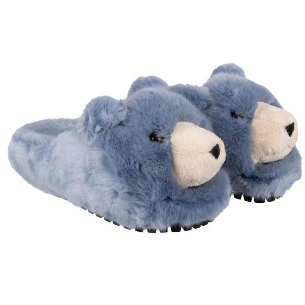 Faux fur Bears slipper shoes SAINT BARTH with rubber sole in blue by DOLCE & GABBANA