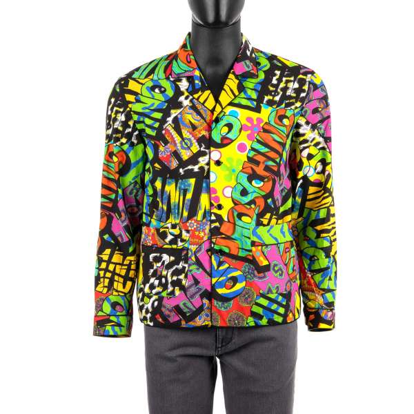 Cotton Hawaii Shirt with multicolor logo and graffiti print and pockets by MOSCHINO COUTURE