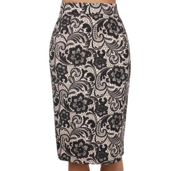 Pencil style virgin wool skirt with a black floral print by DOLCE & GABBANA