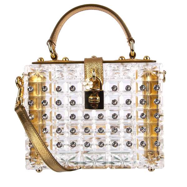Transparent Plexi Glass clutch / evening bag DOLCE BOX with large crystals, studs and decorative padlock with a flower by DOLCE & GABBANA Black Label