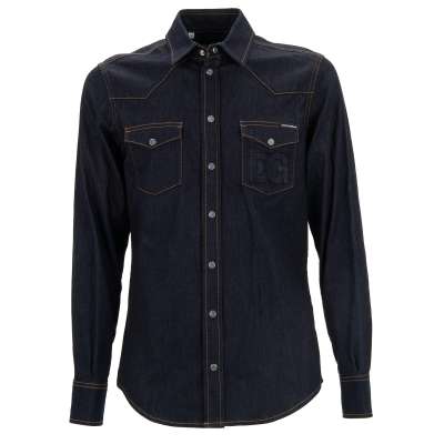 DG Logo Denim Jeans Press Button Shirt Dark Blue