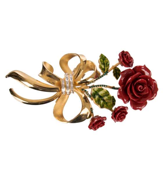 Brosche mit Rosen, handbemahlten Blättern und Kristallen in Gold von DOLCE & GABBANA
