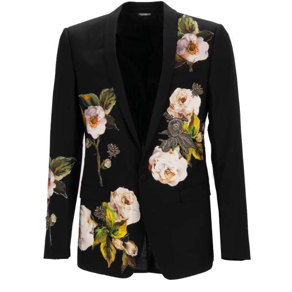Bees, silk flower patches and goldwork rose hand-embroidered virgin wool blazer in black by DOLCE & GABBANA