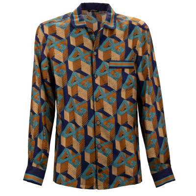 DG Logo Geometric Print Wide Fit Silk Shirt Blue Beige