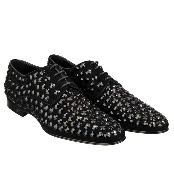 Suede leather derby shoes POSITANO with crystal stars applications and DG gold metal logo in black by DOLCE & GABBANA