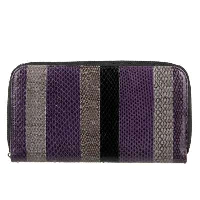 Striped Patchwork Snakeskin Zip-Around Wallet Purple Gray Black
