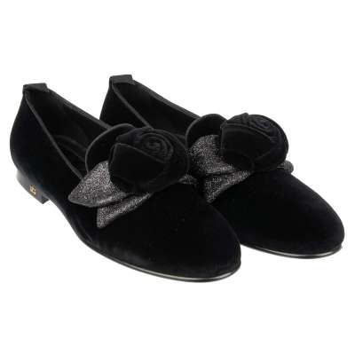 Samt Ballerinas Loafer YOUNG QUEEN mit Rose Schleife Schwarz 39