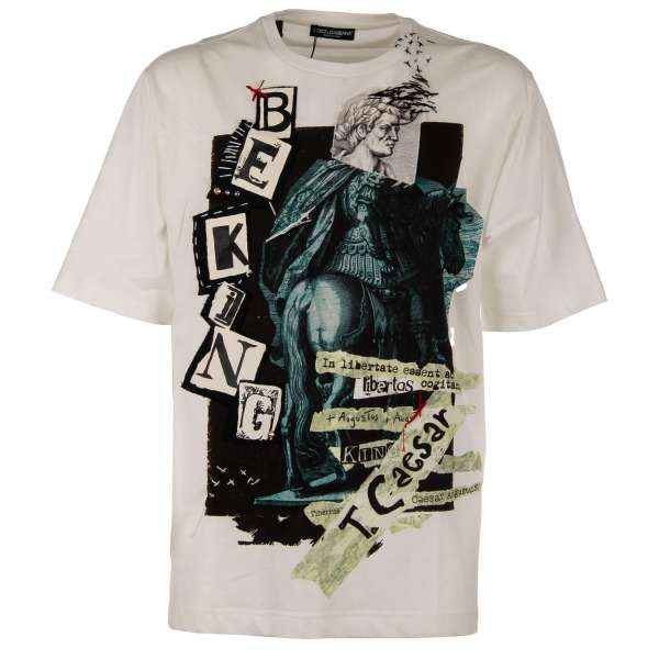 Oversize T-Shirt mit Be King Caesar Hand-bemahlte Patches, Stickerei und Nieten in Schwarz, Weiß und Blau von DOLCE & GABBANA