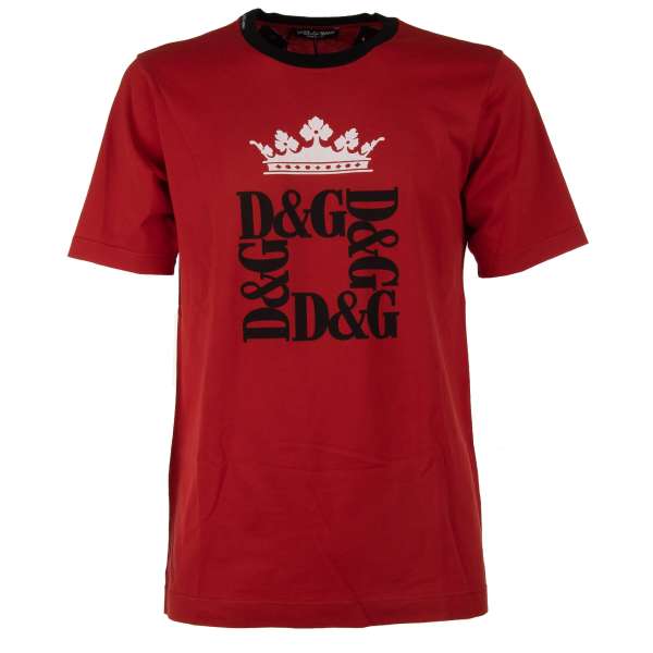 Cotton T-Shirt with Crown and Logo Print in black and red by DOLCE & GABBANA