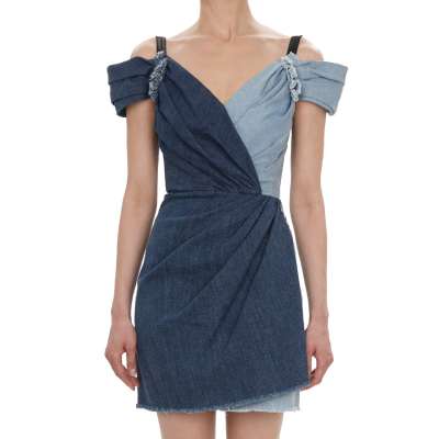 Denim Jeans Baumwolle Strap Mini Leopard Lining Kleid Blau