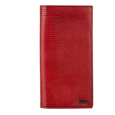 Large Lizard Textured Leather Wallet with Pockets and Logo Red