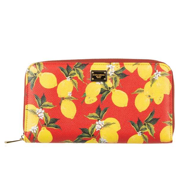 Lemon Printed Zip-Around wallet with logo plate made of dauphine leather in red and yellow by DOLCE & GABBANA