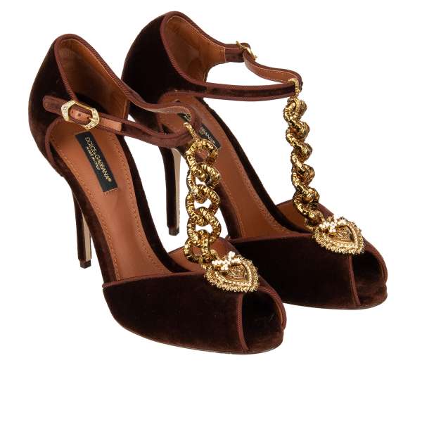 Leather High Heel Sandals BETTE with metal sacred heart element on the heel and crystals in gold and red by DOLCE & GABBANA