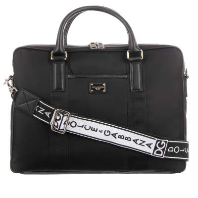 Nylon Laptop Briefcase with Leather Details and Logo Strap Black