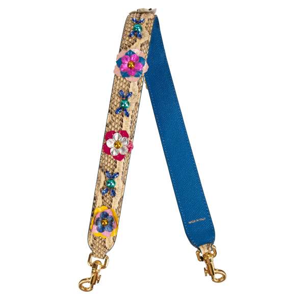 Schulterriemen für Tasche aus Schlangenleder mit Blumen, Kristallen und Nieten Applikationen in Pink, Blau und Beige von DOLCE & GABBANA