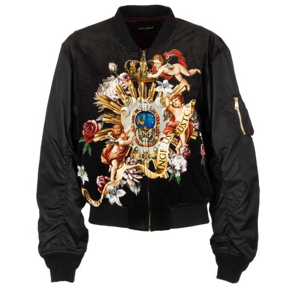 Reversible oversize bomber jacket made of velvet and nylon with baroque angels print, zipped pockets and knitted details by DOLCE & GABBANA