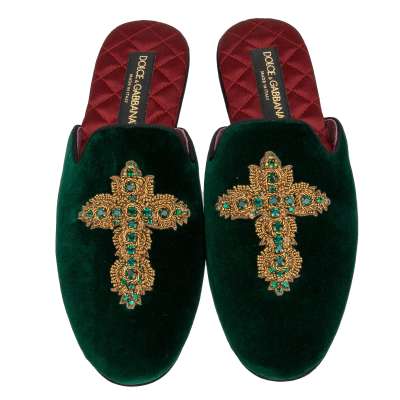 Crystal Gold Cross Shoes Slipper Mules BRAMANTE Emerald Green