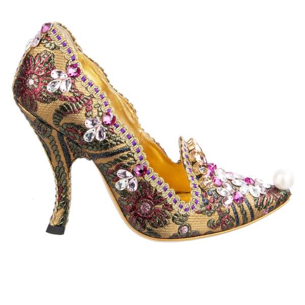 Pointed Lurex Jacquard Pumps ALADINO in gold with crystals embroidery, floral patern and pearl at the toe by DOLCE & GABBANA