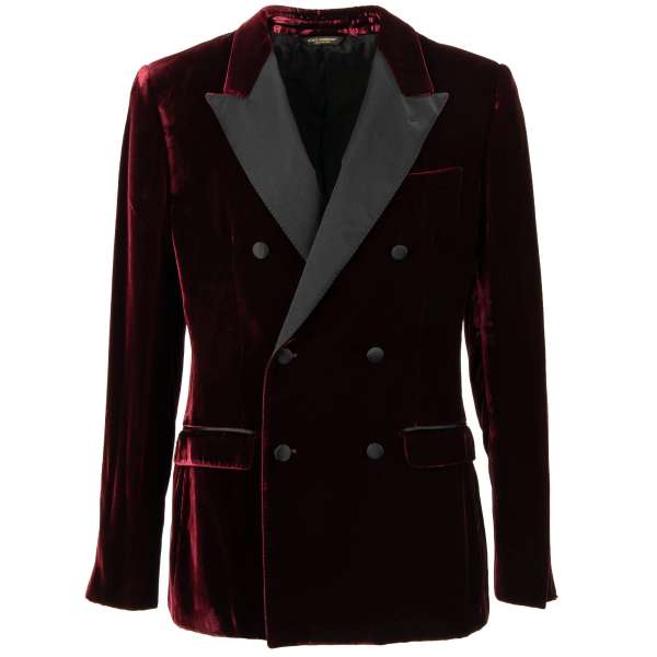 Zweireihiger Blazer aus Samt mit spitzem Revers in Rot und Schwarz von DOLCE & GABBANA