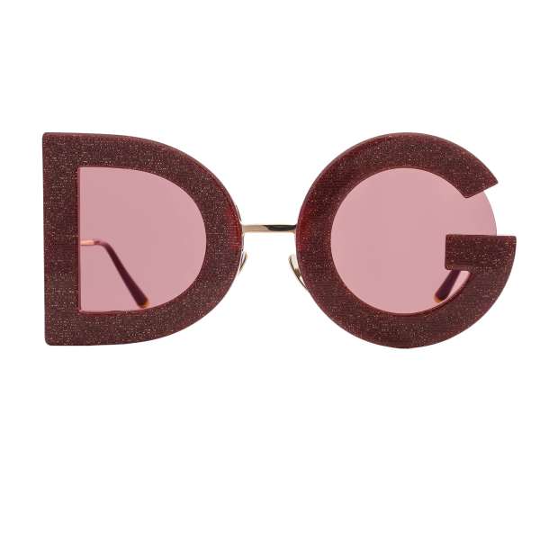 Limited Edition DG Logo round Oversize Sunglasses with glitter in red and gold by DOLCE & GABBANA
