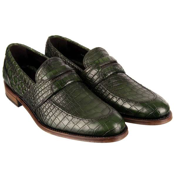 Very exclusive and rare, crocodile leather loafer shoes with metal logo NAPOLI in dark green by DOLCE & GABBANA