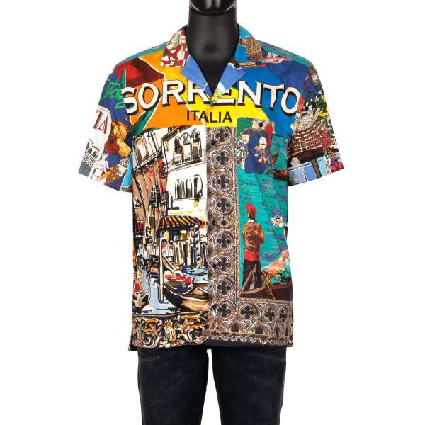 Cotton shirt with Sorrento Italy Print in blue, yellow and beige and by DOLCE & GABBANA