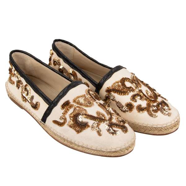 Pearl and sequins embroidered linen canvas Espadrilles TREMITI with crocodile leather details by DOLCE & GABBANA
