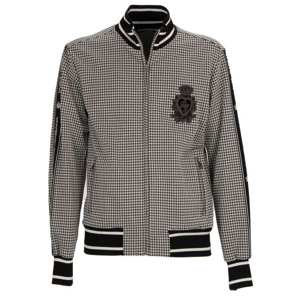 Houndstooth printed cotton mix jacket with embroidered DG crown logo, sleeves details with logo, KING lettering and zip pockets by DOLCE & GABBANA