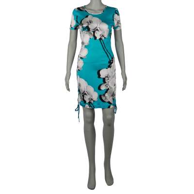Kurzes Stretch Kleid mit Blumen Print und Schnürung Blau