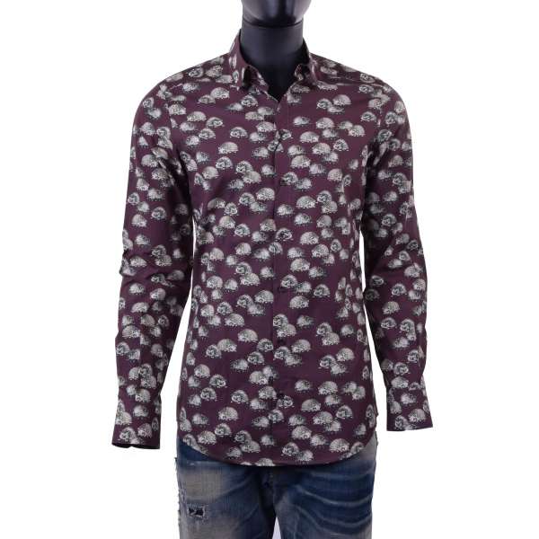 Hemd aus Baumwolle GOLD mit kurzem Kragen und Igel Print von DOLCE & GABBANA