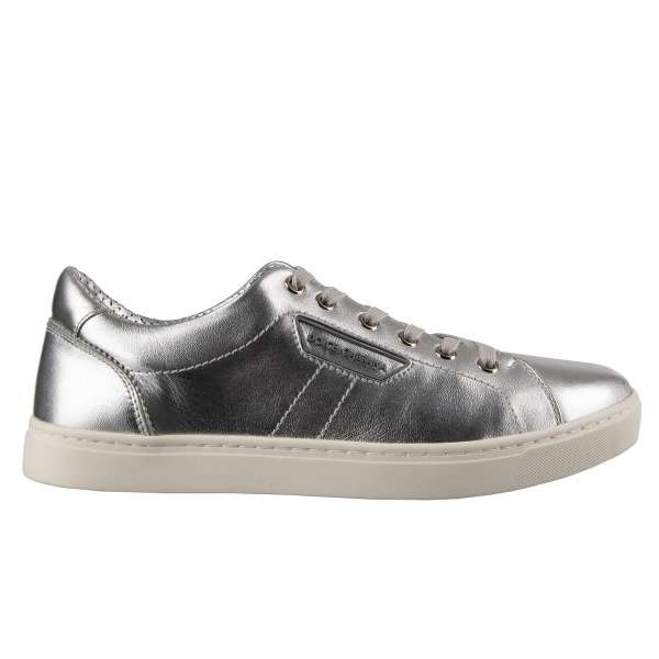 Classic nappa leather sneakers LONDON in silver with logo plate by DOLCE & GABBANA