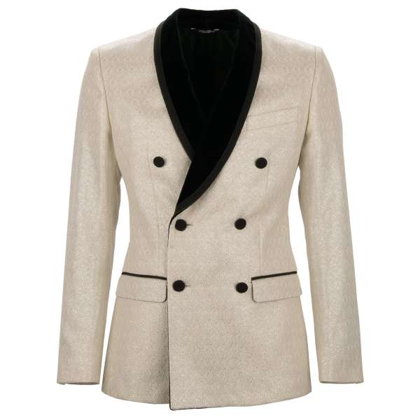 Double-breasted baroque style brocade tuxedo jacket with round velvet collar in white, silver and green by DOLCE & GABBANA 