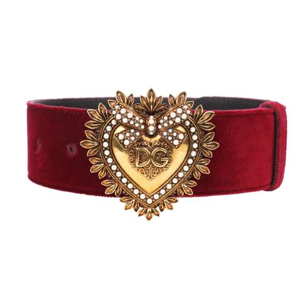 DEVOTION leather and velvet Belt embellished with Pearl Metal Heart in red and gold by DOLCE & GABBANA 