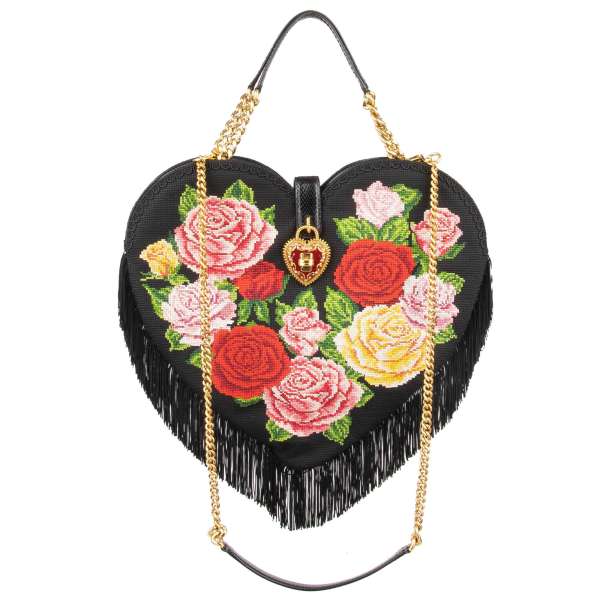 Unique large crochet shoulder bag MY HEART with tassels, roses embroidery, embroidered logo, decorative heart padlock and three chain straps by DOLCE & GABBANA