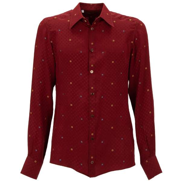Silk shirt with geometric flower pattern and decorative enamel buttons in red and gold by DOLCE & GABBANA 