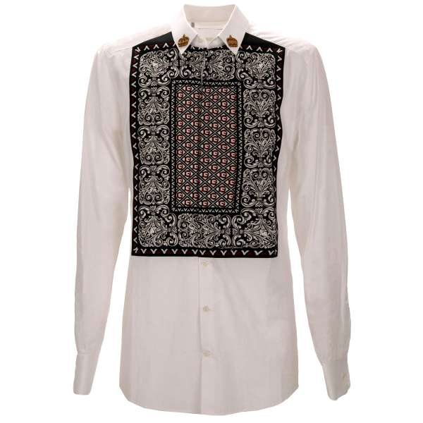 Baumwolle Hemd mit Metallfasern Krone Stickerei und Barock DG Logo Print Elementen in schwarz und weiß von DOLCE & GABBANA - GOLD Line