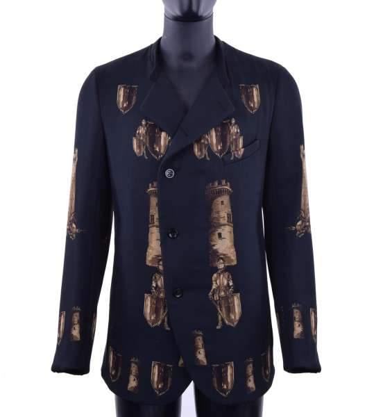 Single breasted stuffed tower & armour printed short coat / blazer by DOLCE & GABBANA Black Label