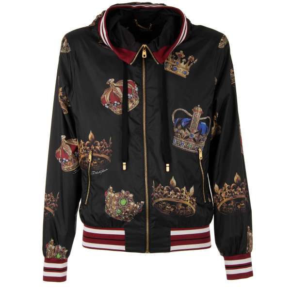 Crowns and logo printed bomber jacket with zip pockets, hoody and knit details by DOLCE & GABBANA