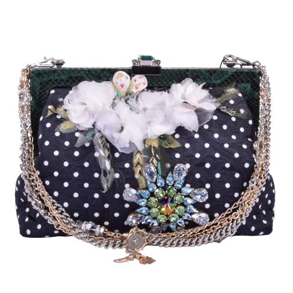 Mit Kristallen, Zitronen-Stickerei und Blumen Applikationen bestickte Clutch / Abendtasche VANDA aus Brokat mit Polka Dot Muster von DOLCE & GABBANA Black Label