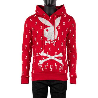 Bunny Printed Hoodie with Crystals and Logo Red White